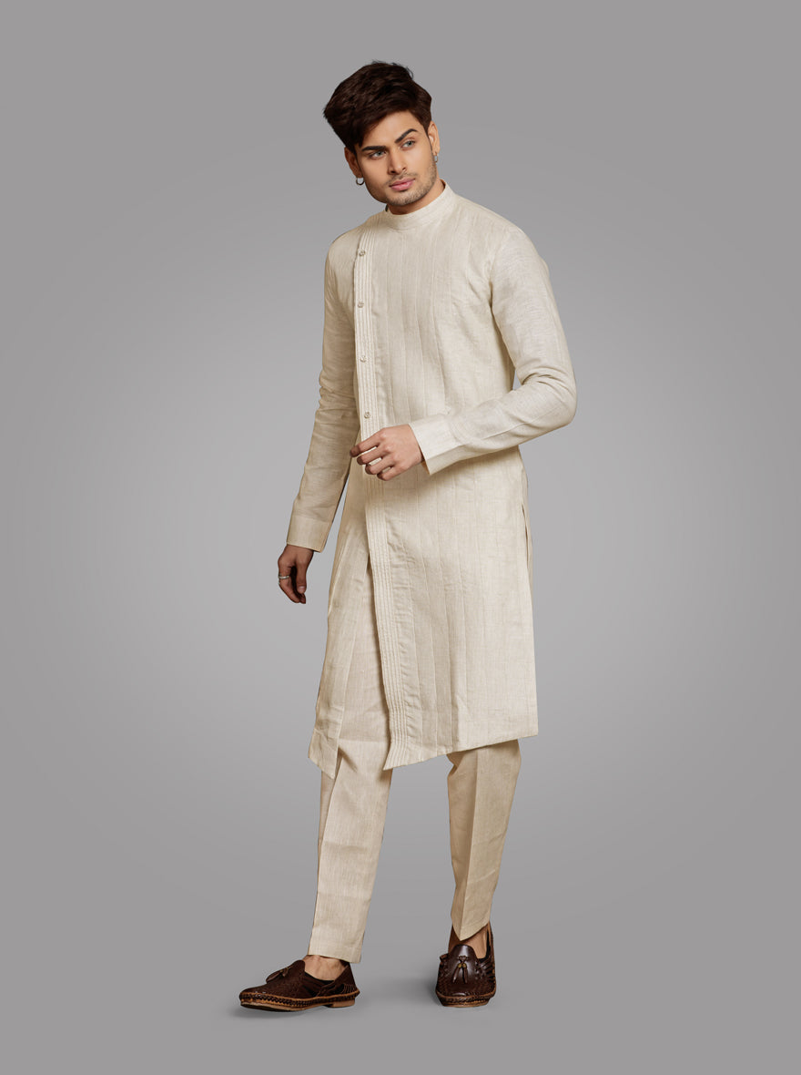 Comfortable and stylish Natural Beige Kurta Pajama Set for men, ideal for casual gatherings.