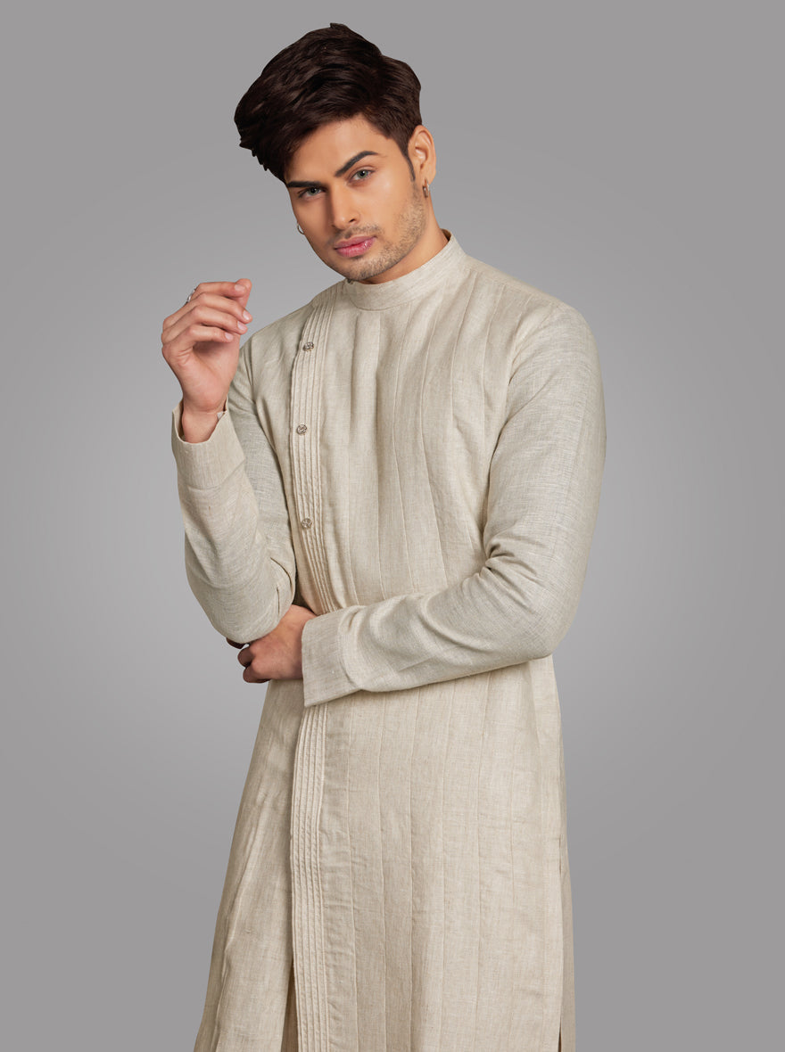 Men’s Natural Beige Linen Kurta Pajama with traditional embroidery, perfect for ethnic wear.