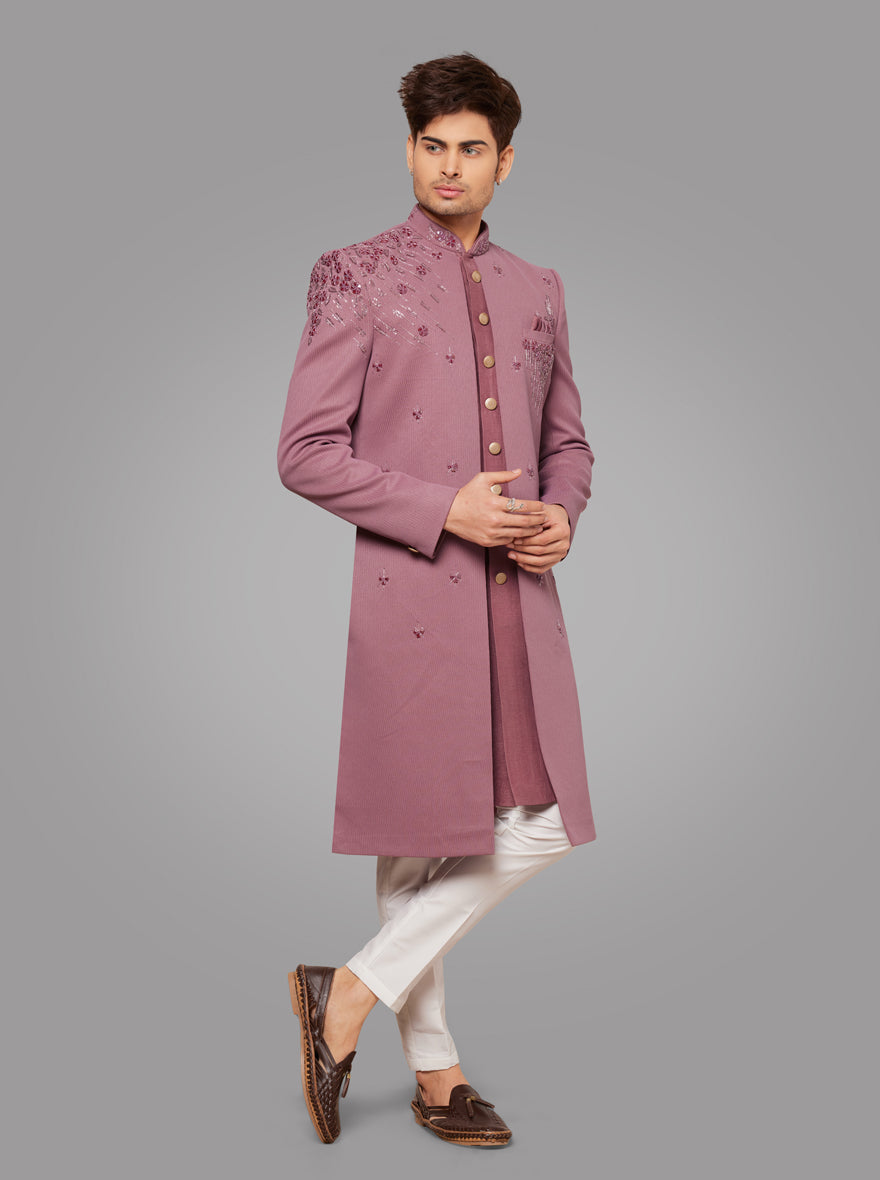 Onion Pink Self Textured & Embroidered Indowestern for men with sequins