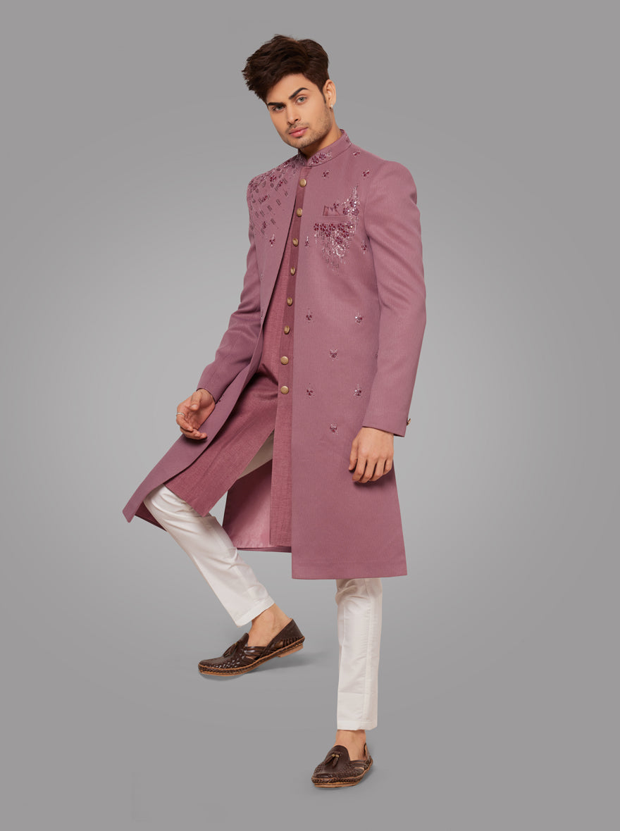 Elegant onion pink indowestern with resham, beads, and sequins embroidery