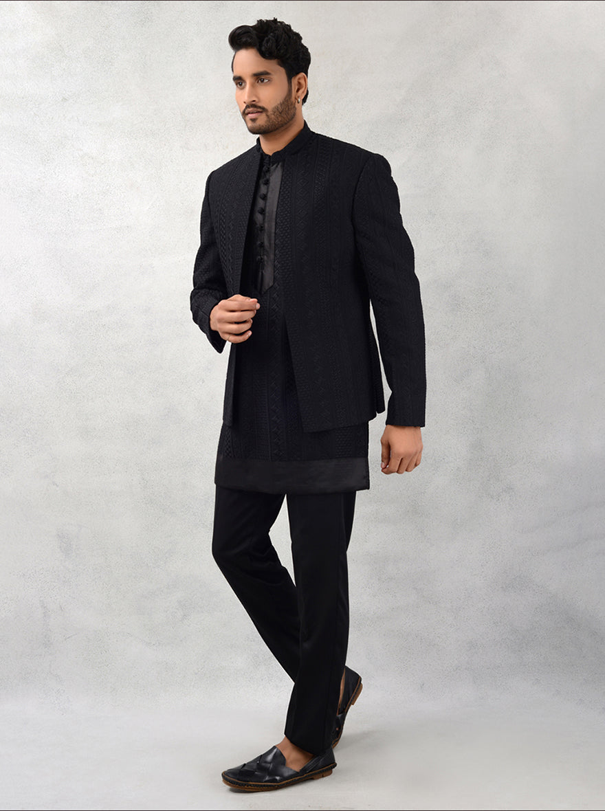 Stylish black indowestern with silk blend and mandarin collar