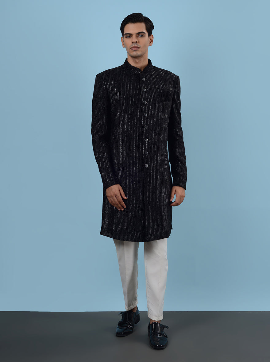 Step out in style for weddings with this Black Indo-Western Suit, offering comfort and elegance for any event.