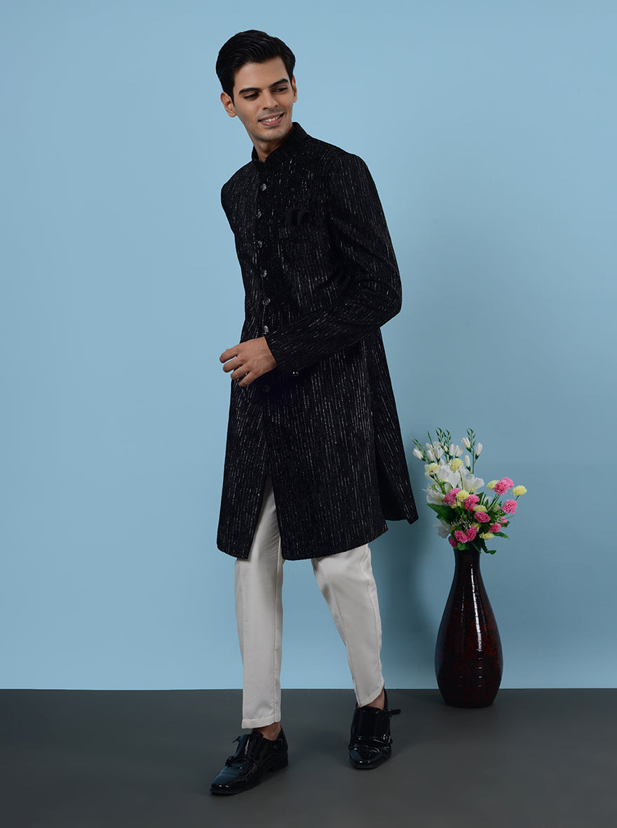 Experience the versatility of the Black Indo-Western Suit, designed to impress at weddings and formal occasions in the USA.