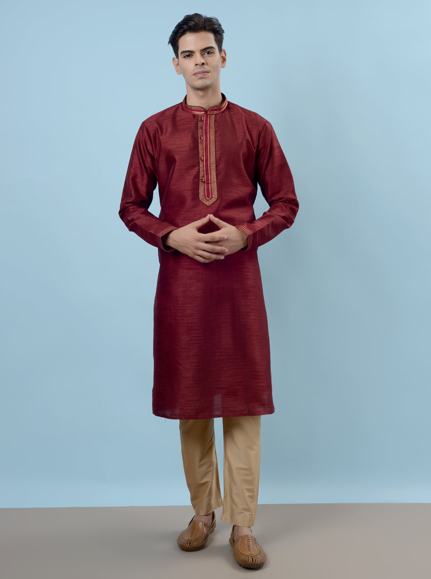 Stylish wine kurta pajama designed for comfort and elegance during festive gatherings.