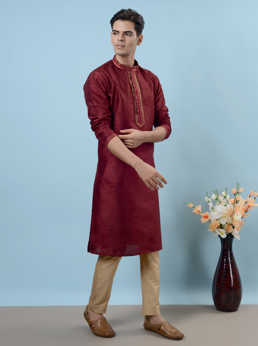 Luxurious wine kurta pajama for men, perfect for pooja celebrations in the USA.