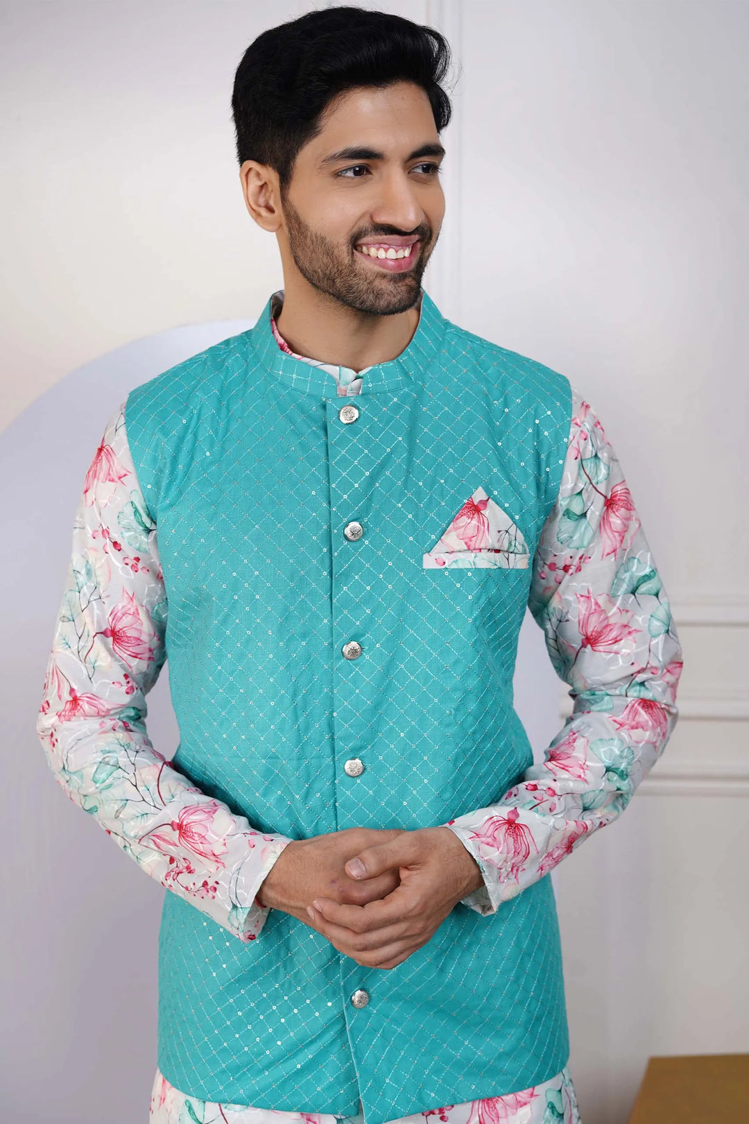 Teal Jacket with Floral Printed Kurta and White Pyjama for Men