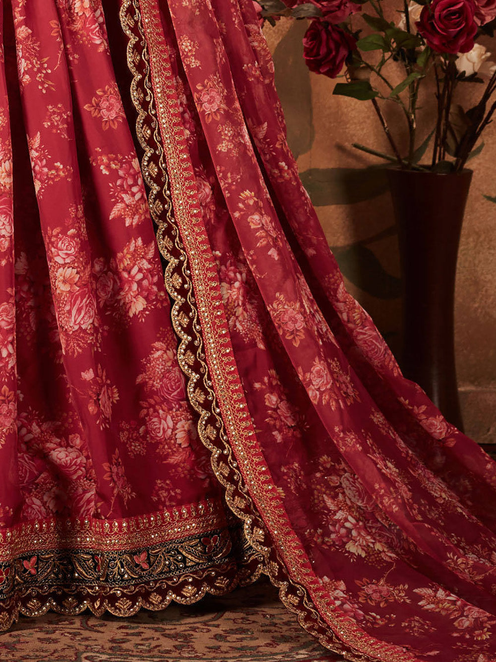 Designer Wedding Lehenga | Maroon Floral Organza & Velvet Lace