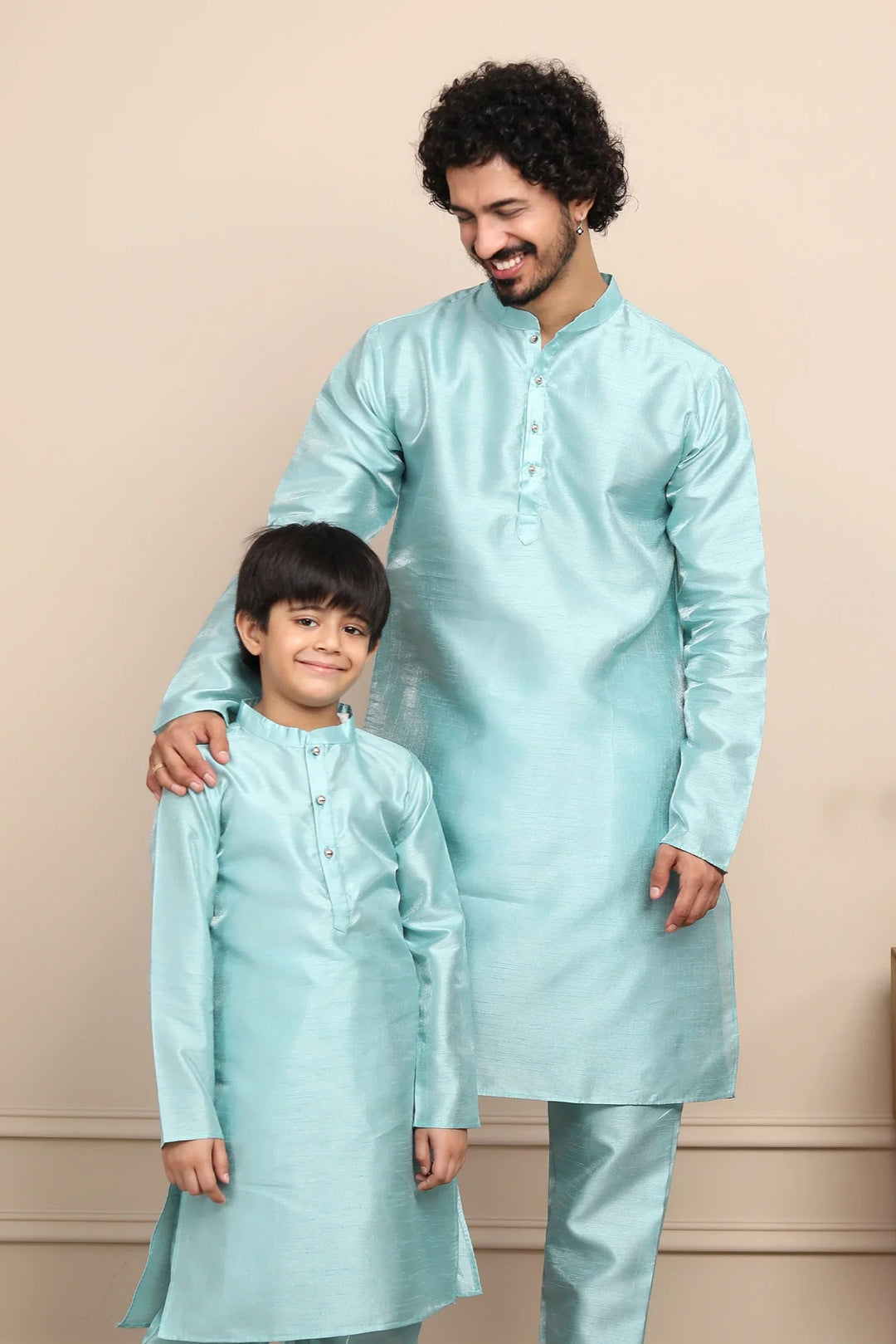 Shining Aqua Blue Silk Kurta with Pyjama Father & Son Twin Set