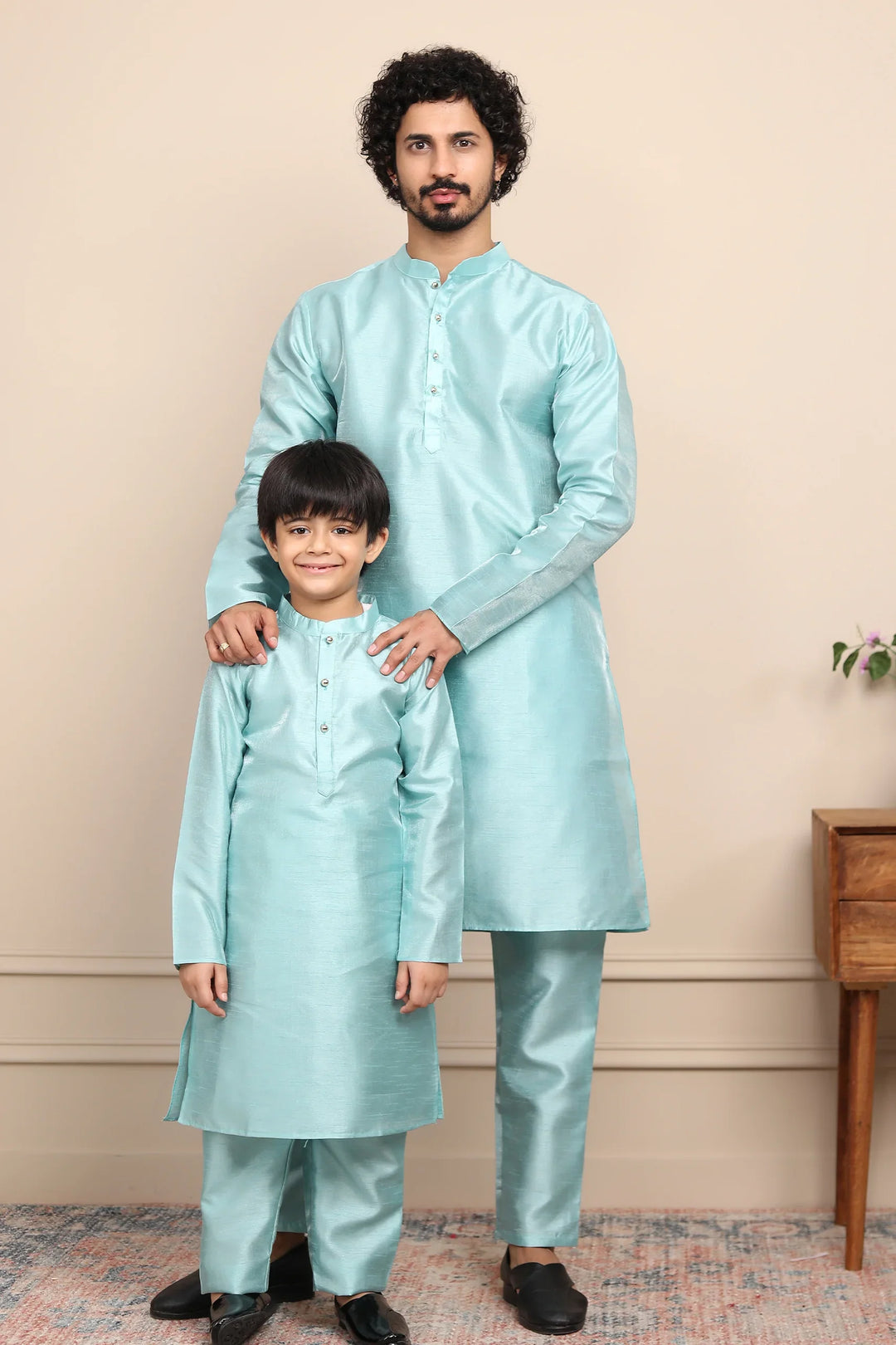 Shining Aqua Blue Silk Kurta with Pyjama Father & Son Twin Set