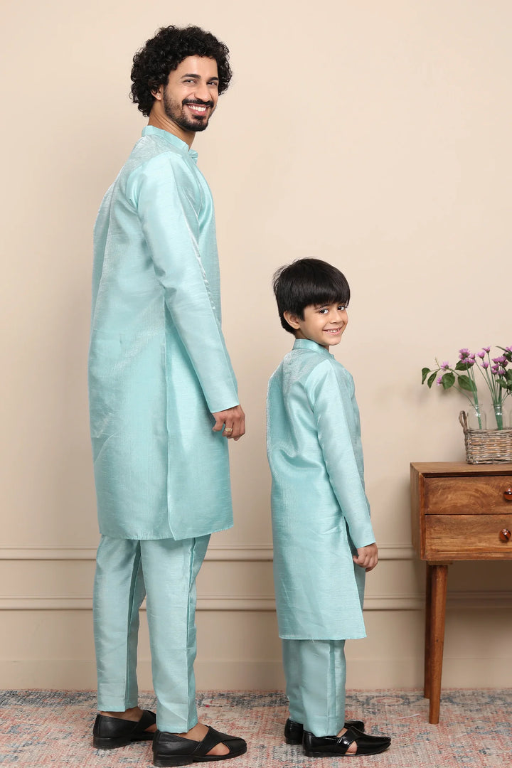 Shining Aqua Blue Silk Kurta with Pyjama Father & Son Twin Set