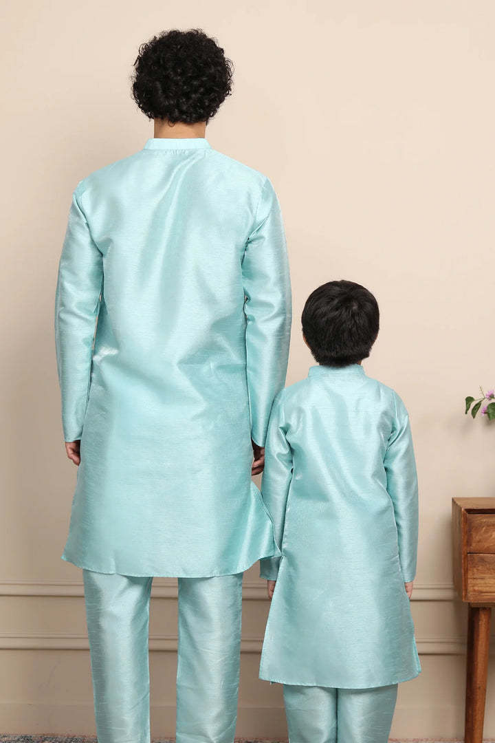 Shining Aqua Blue Silk Kurta with Pyjama Father & Son Twin Set