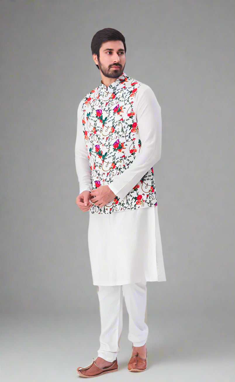 Stylish White Kurta Pajama | Festive Multicolor Jacket for Men