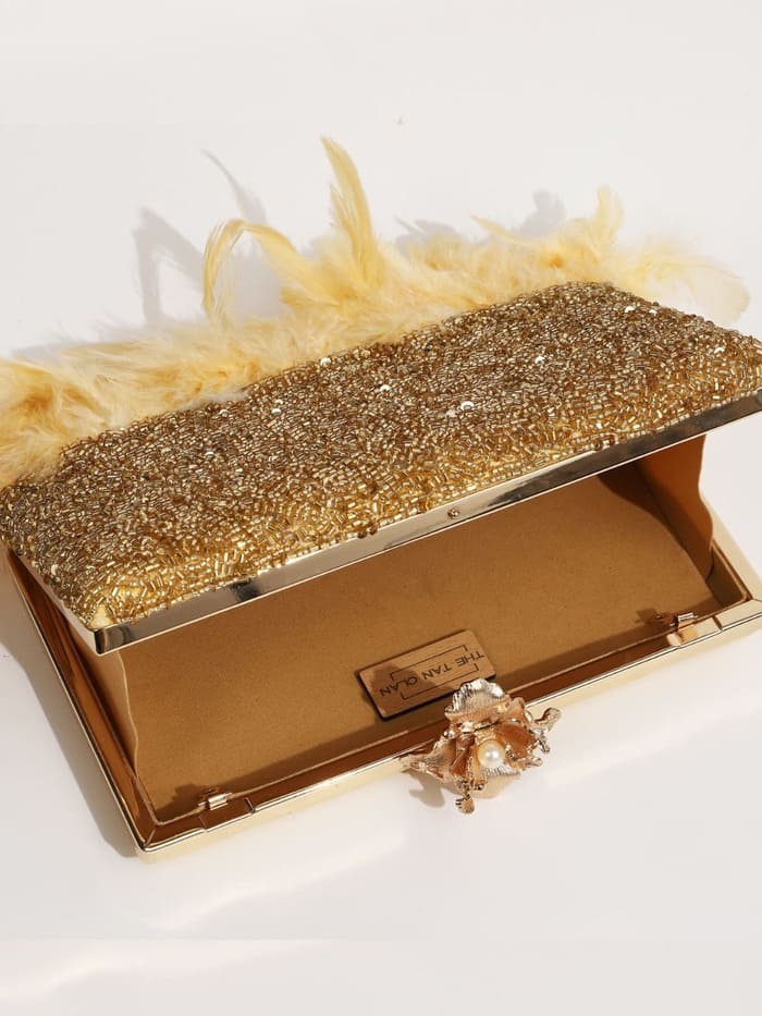 Daina Light Gold Hand Embroidered Feather Clutch | Elegant Statement Bag