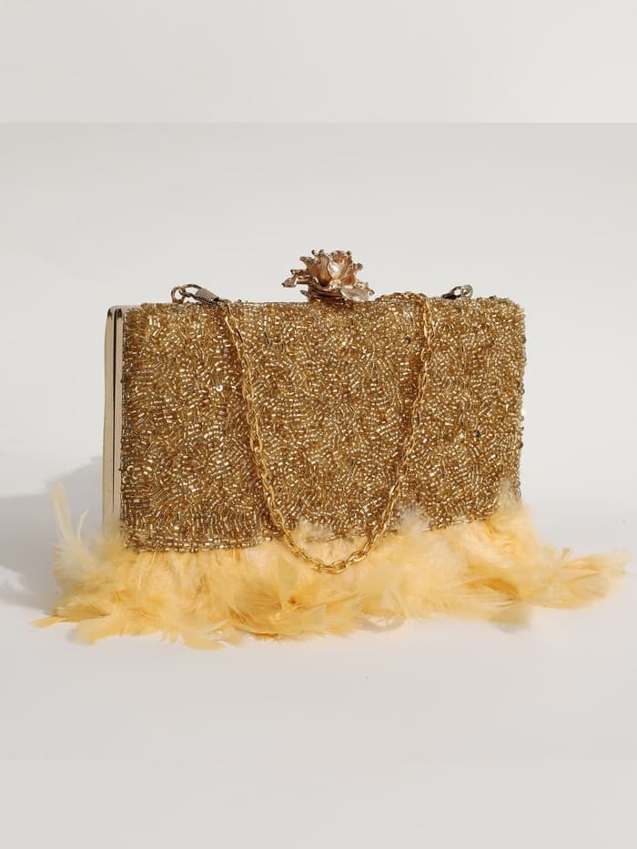 Daina Light Gold Hand Embroidered Feather Clutch | Elegant Statement Bag