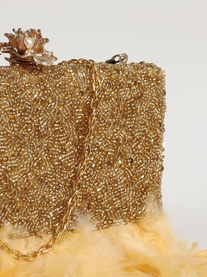 Daina Light Gold Hand Embroidered Feather Clutch | Elegant Statement Bag