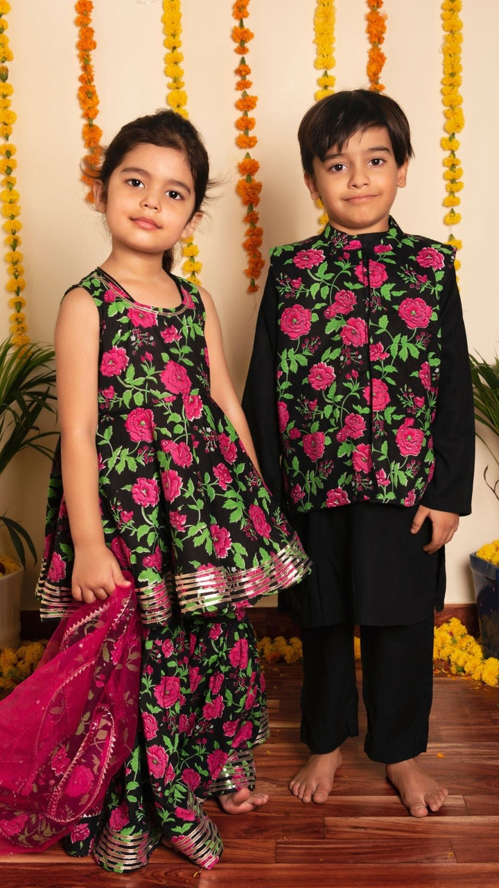 BACHPAN GULMOHAR HAND BLOCK KURTA JACKET SET - Pomcha Jaipur