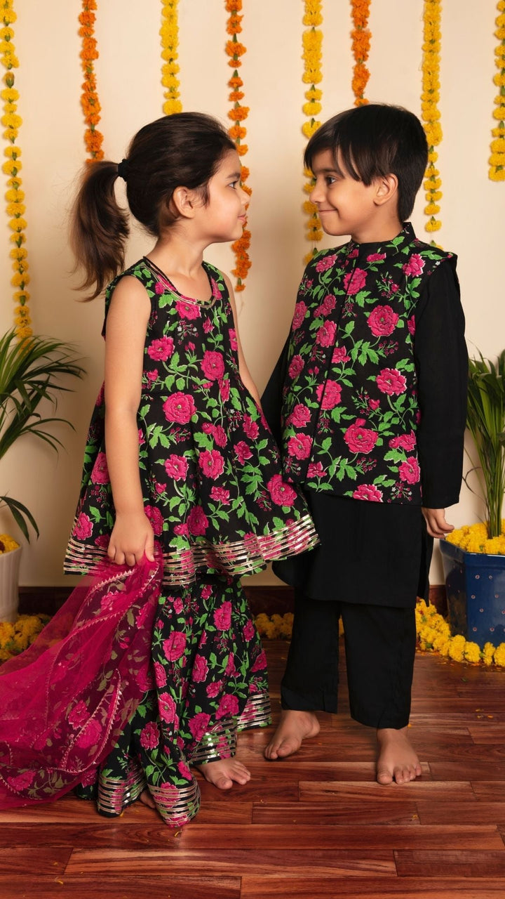 BACHPAN GULMOHAR HAND BLOCK KURTA JACKET SET - Pomcha Jaipur