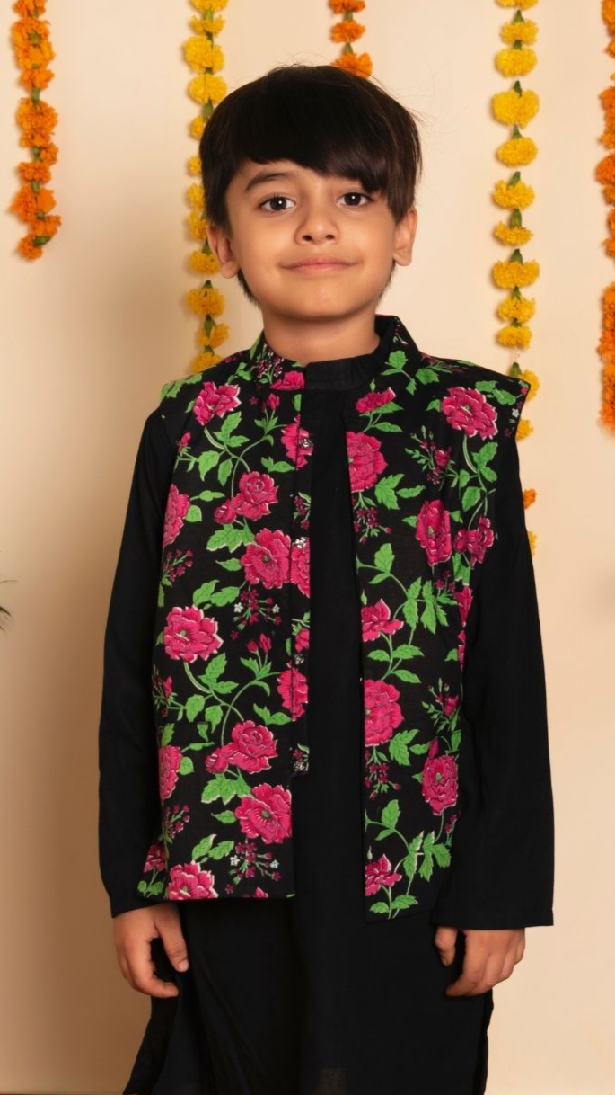 Bachpan Gulmohar Black Hand Block Kurta Set | Rayon Pant & Jacket