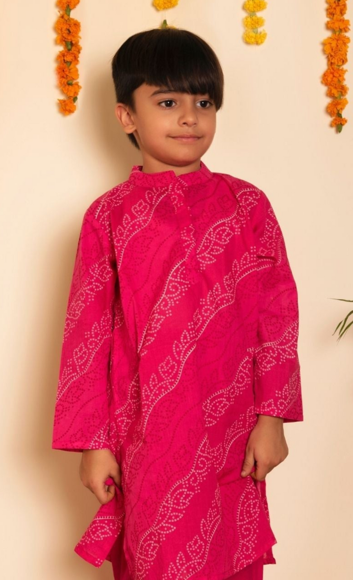 Bachpan Bhendhaj Bright Pink Kurta Set | Unique Hand Block Print Style