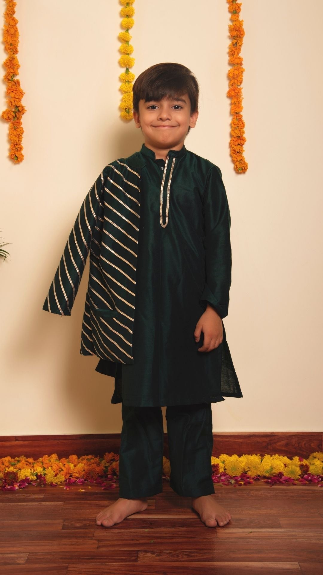 BACHPAN MIMOSA GREEN KURTA JACKET SET - Pomcha Jaipur