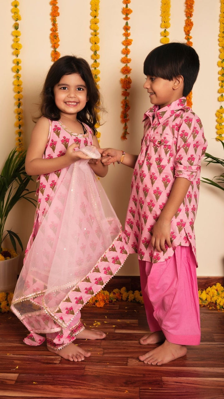 BACHPAN GULBHAR  PINK HAND BLOCK KURTA SET - Pomcha Jaipur