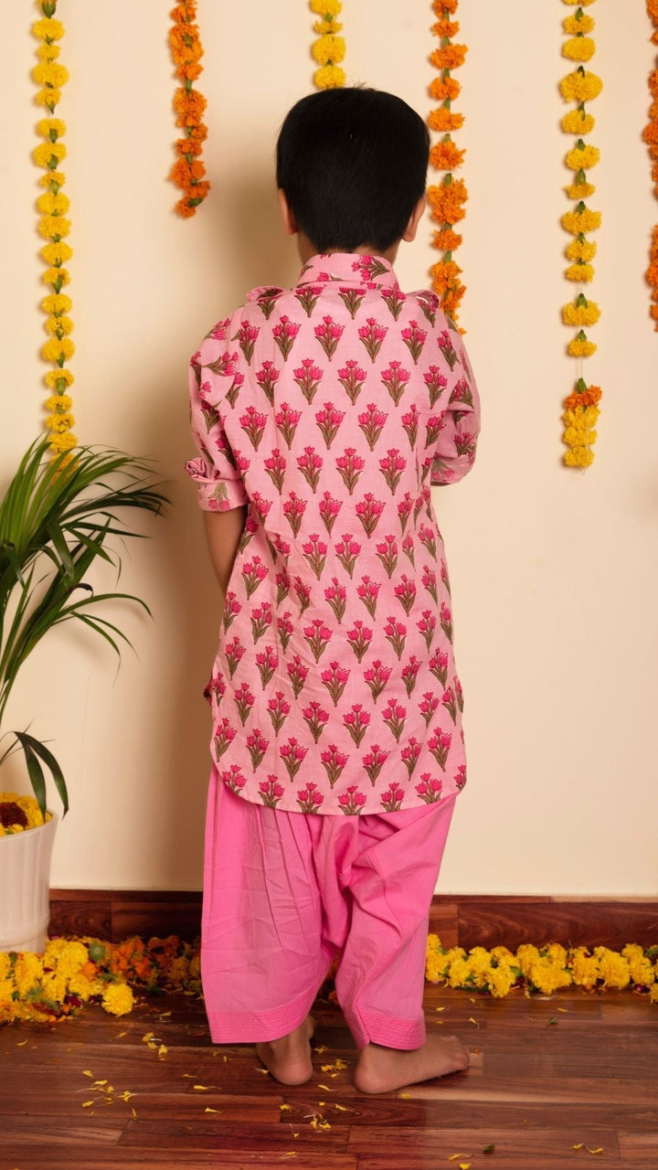 BACHPAN GULBHAR  PINK HAND BLOCK KURTA SET - Pomcha Jaipur