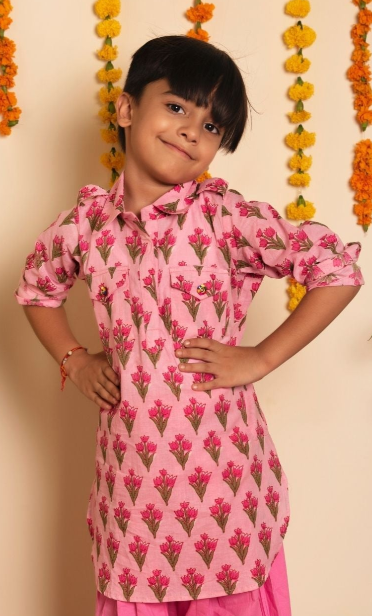 Bachpan Vibrant Hot Pink Hand Block Kurta Set | Cotton Pant for Style