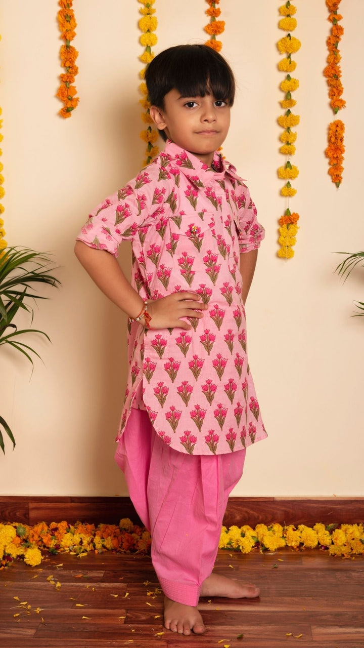 BACHPAN GULBHAR  PINK HAND BLOCK KURTA SET - Pomcha Jaipur