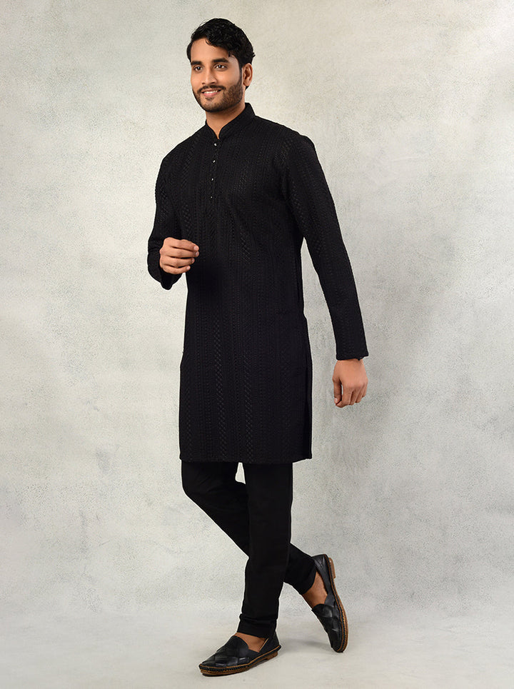 Men's Black Silk Kurta Pajama with Resham Embroidery, Stylish and Classic for Weddings