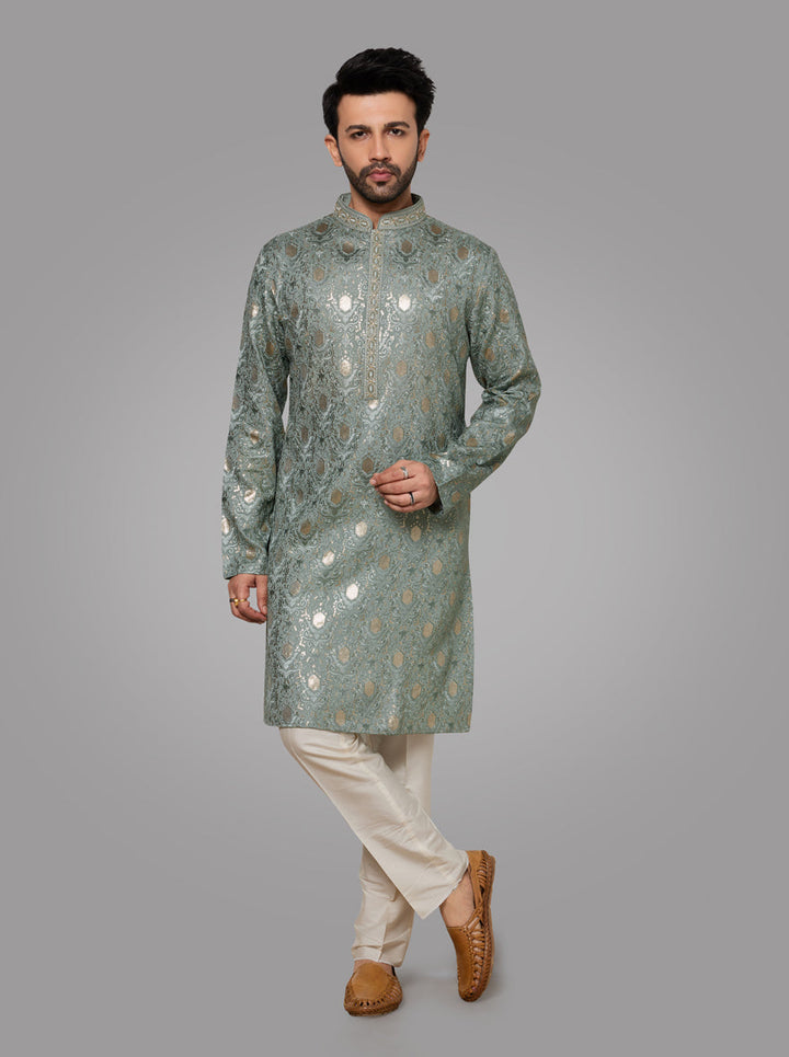 Chic mint green kurta pajama set, designed for versatility, ideal for weddings and festive gatherings in the USA.