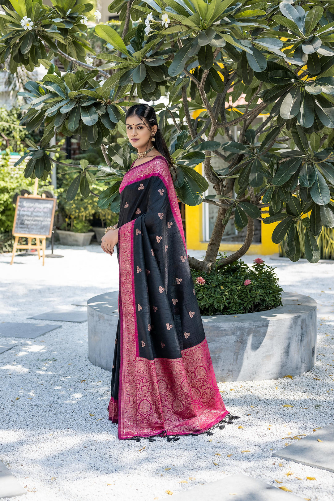 Soft Banarasi saree with zari butties and contrast border, ideal for American festivals