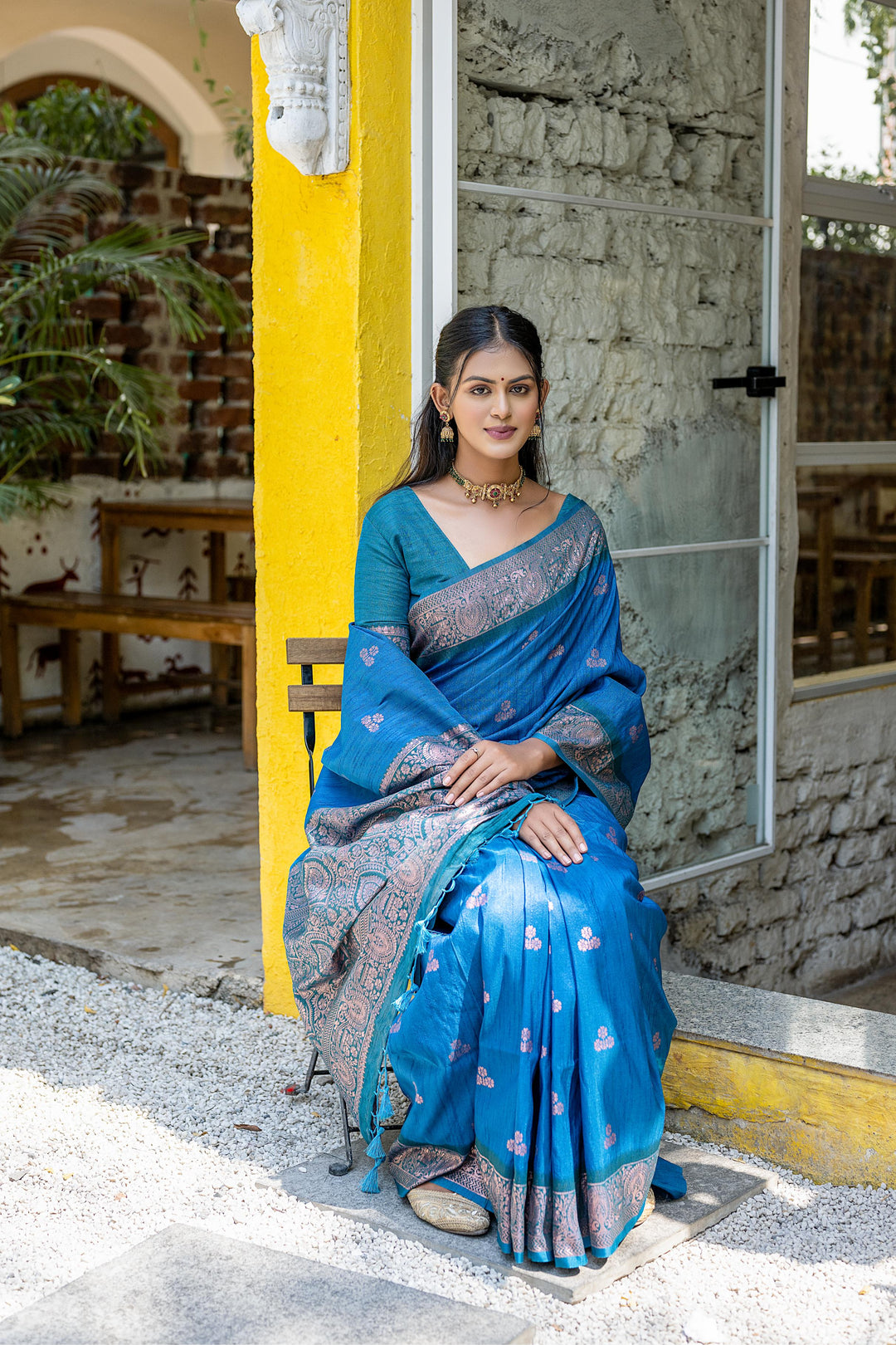 USA-focused Banarasi saree with zari woven pallu and fancy tassels