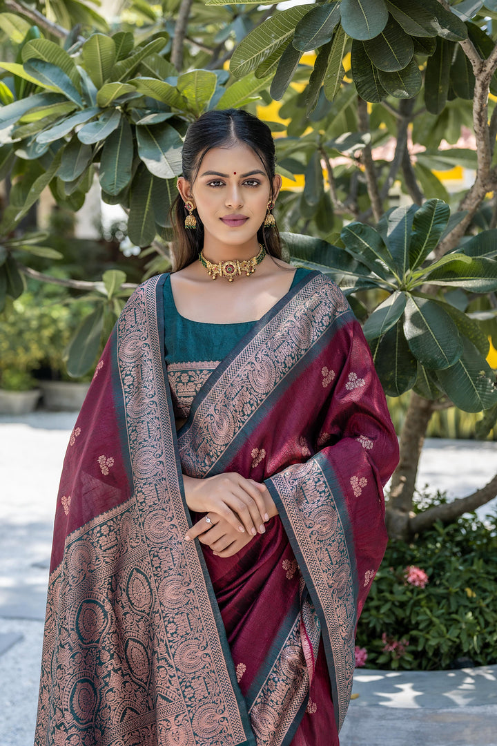 Luxurious raw silk saree with intricate zari butties for American occasions