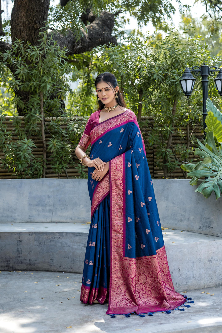 5.5 MTR Banarasi raw silk saree with fancy tassels for USA wedding wear