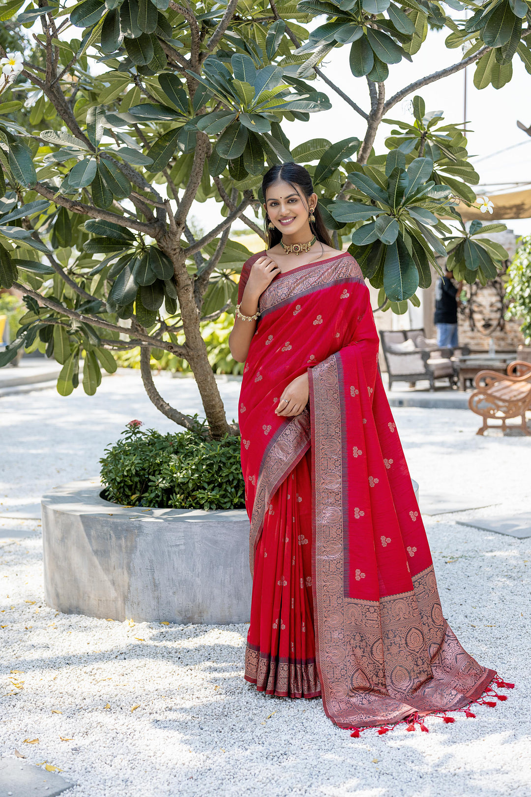 Banarasi raw silk saree with classic pallu and zari details, ideal for USA events