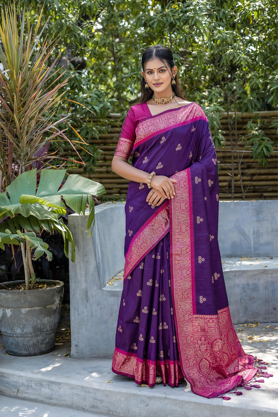 Luxurious Banarasi saree with zari pallu and tassels, crafted for USA special events