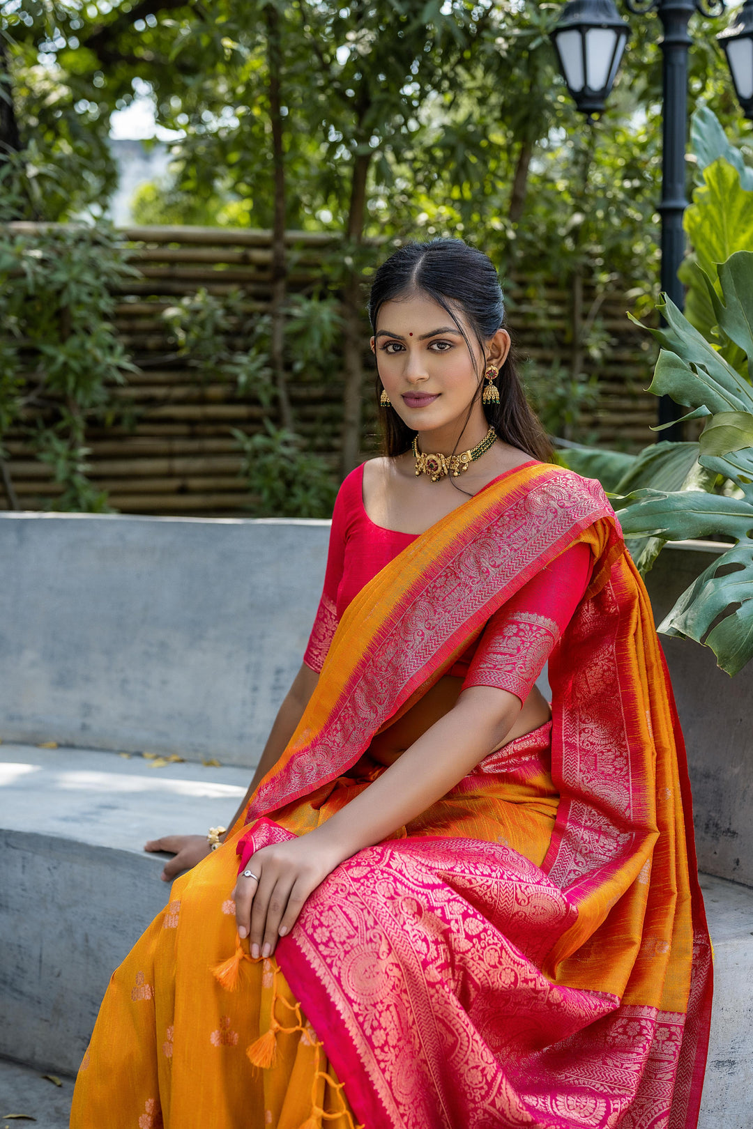 Traditional Banarasi raw silk saree with fancy tassels, ideal for USA celebrations