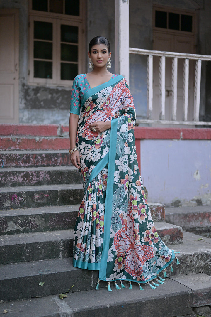 Sandy silk saree with contrast blouse piece and all-over floral pattern