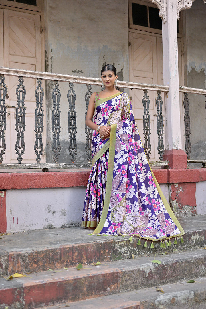 Soft and luxurious sandy silk saree with floral pattern and contrast blouse