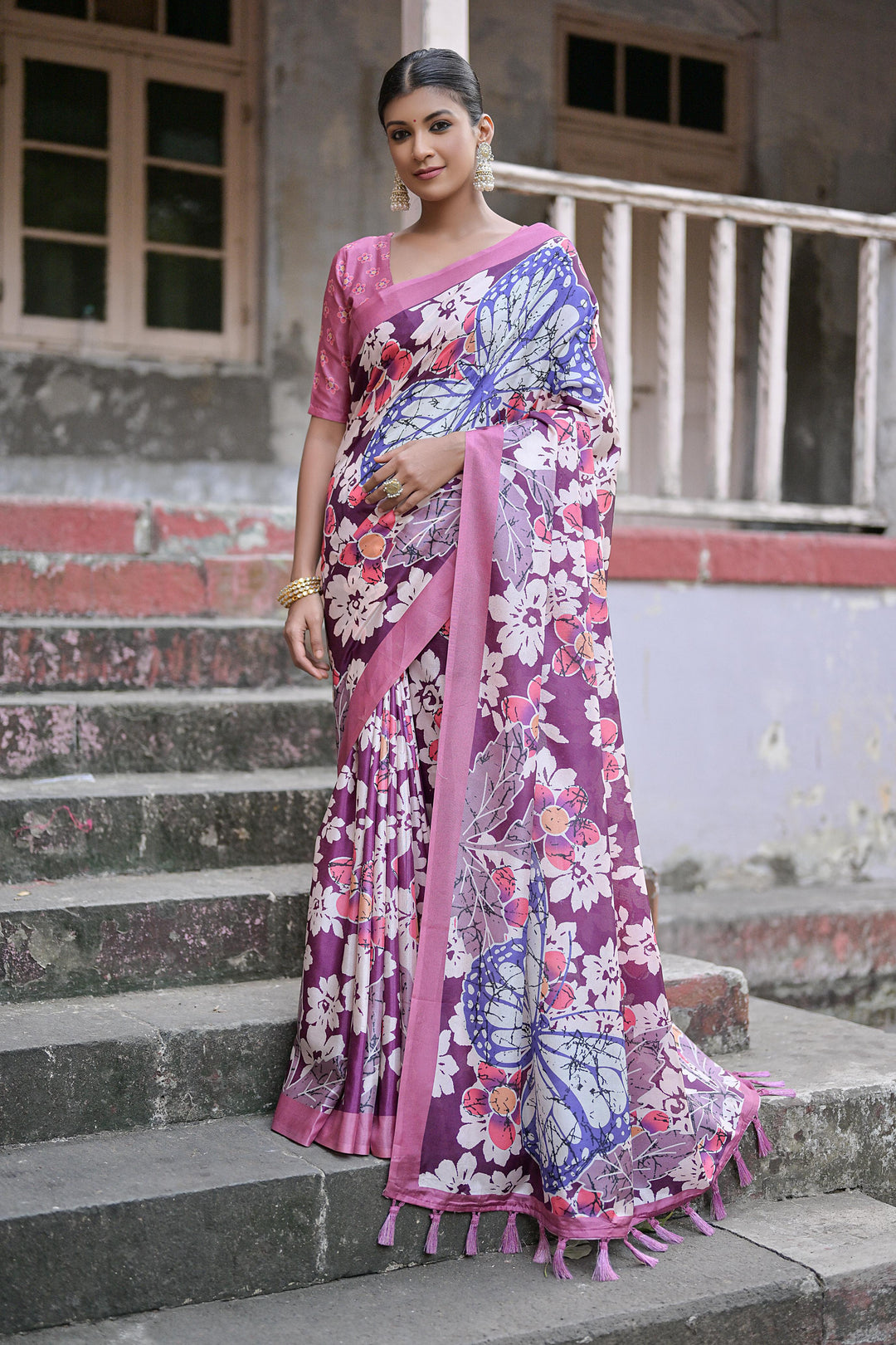 Stylish sandy silk saree with traditional floral pattern and contrast blouse