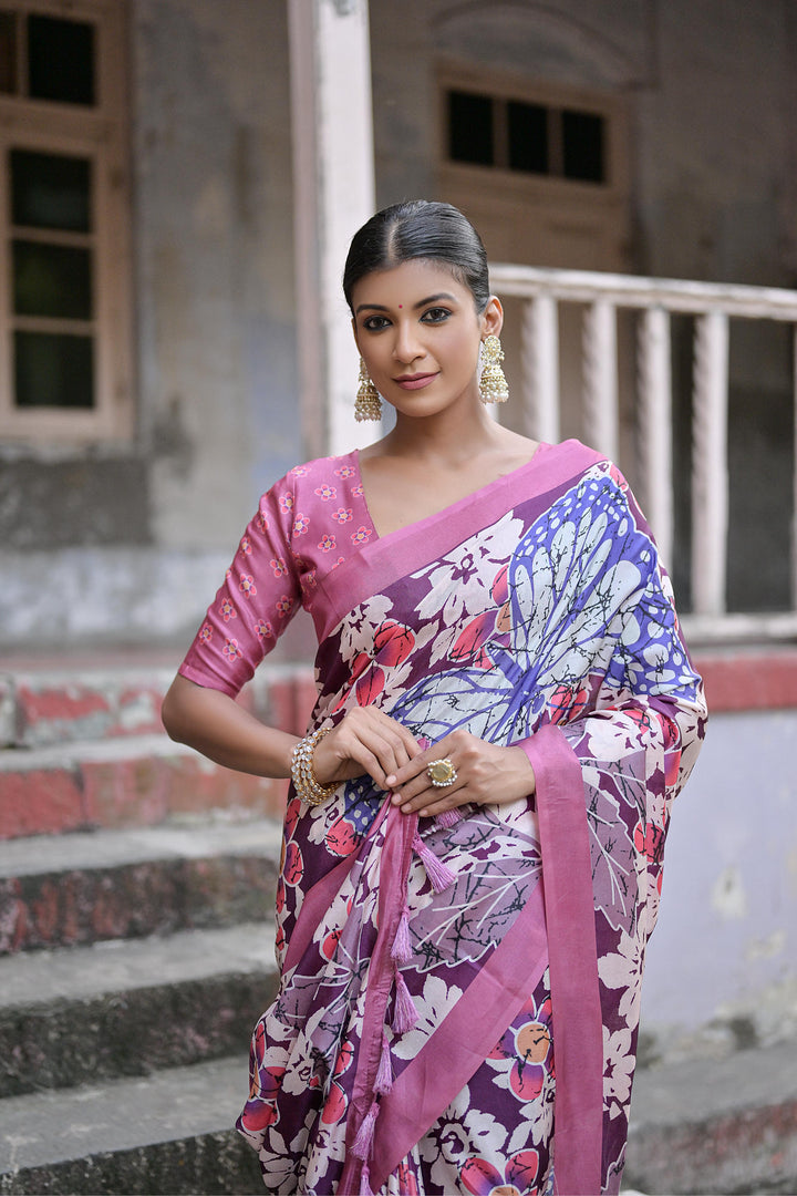 Perfect sandy silk saree for weddings with floral print and tassel detailing