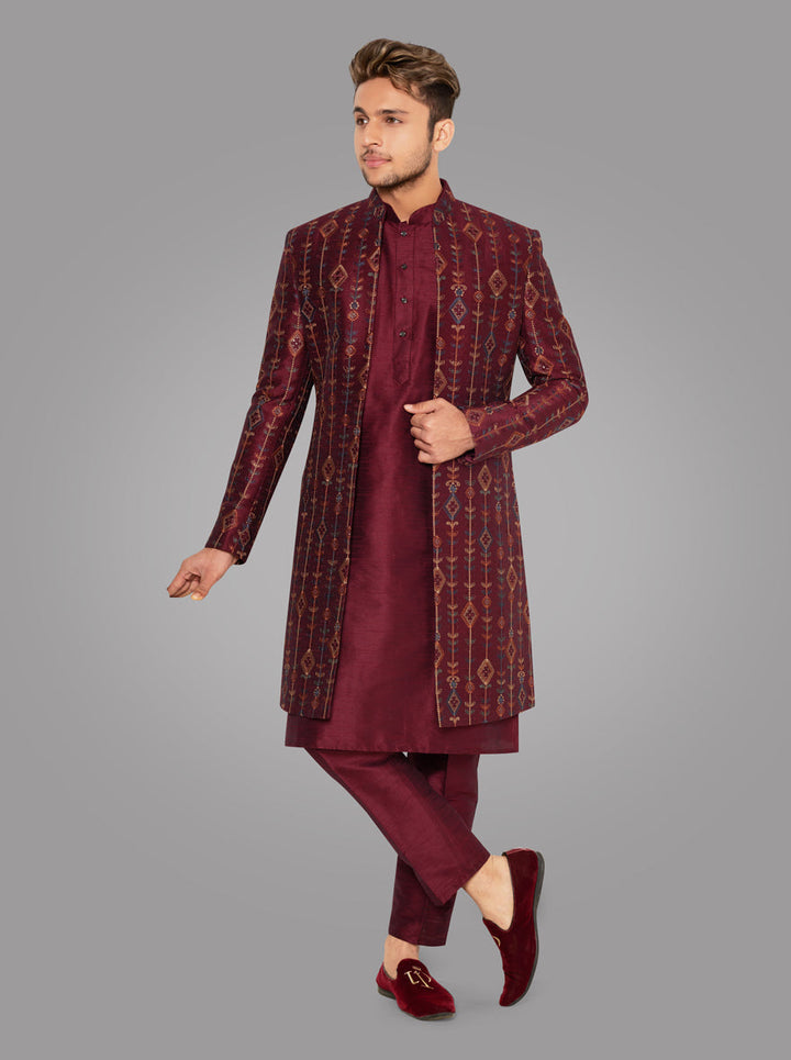 Embrace tradition with a modern twist in this Maroon Silk Blend Indowestern for upscale events.