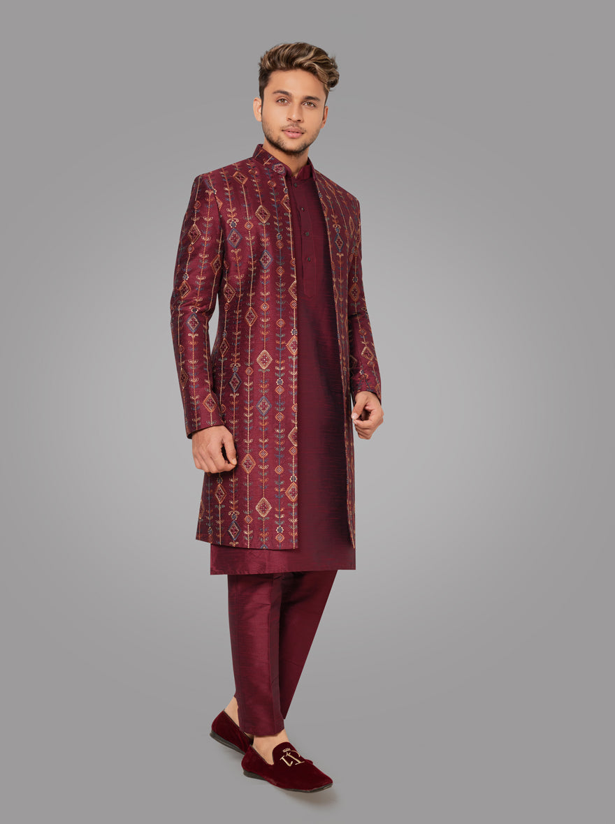 Perfect for weddings, this Maroon Silk Blend Indowestern offers a chic look for special occasions.