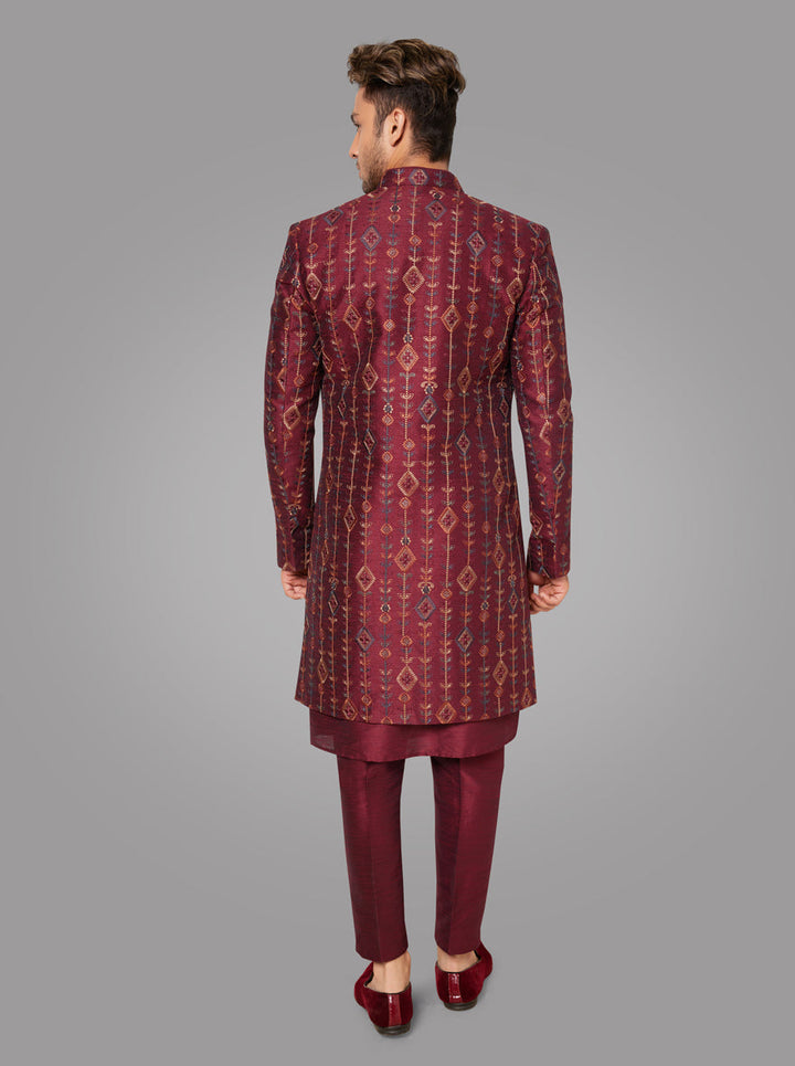 Command attention with this stunning Maroon Indo Western, ideal for making memories at events.