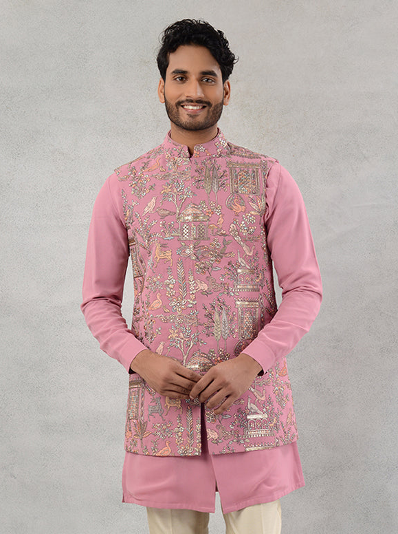 Stylish Pink Bandhgala | Men’s Designer Jacket with Resham Work