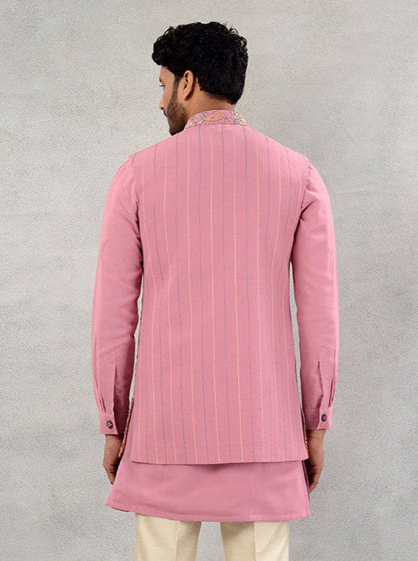 Stylish Pink Bandhgala | Men’s Designer Jacket with Resham Work