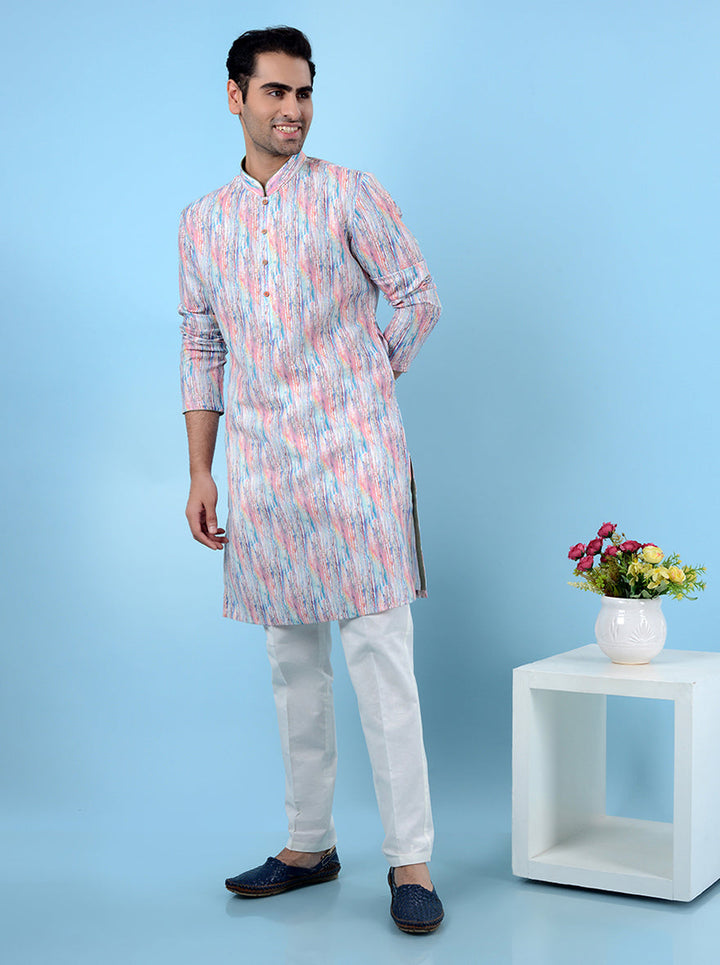 White linen kurta pajama with multi-print, a casual USA family gathering choice.