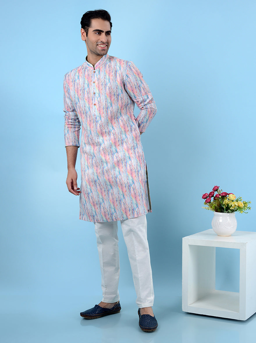 Classic white linen kurta pajama for men, featuring a regular fit for a sleek and comfortable ethnic look.