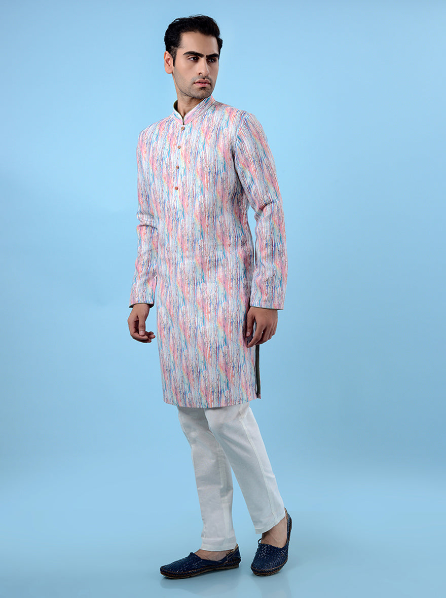 Multi-print white kurta pajama, ideal for USA men’s cultural celebrations.