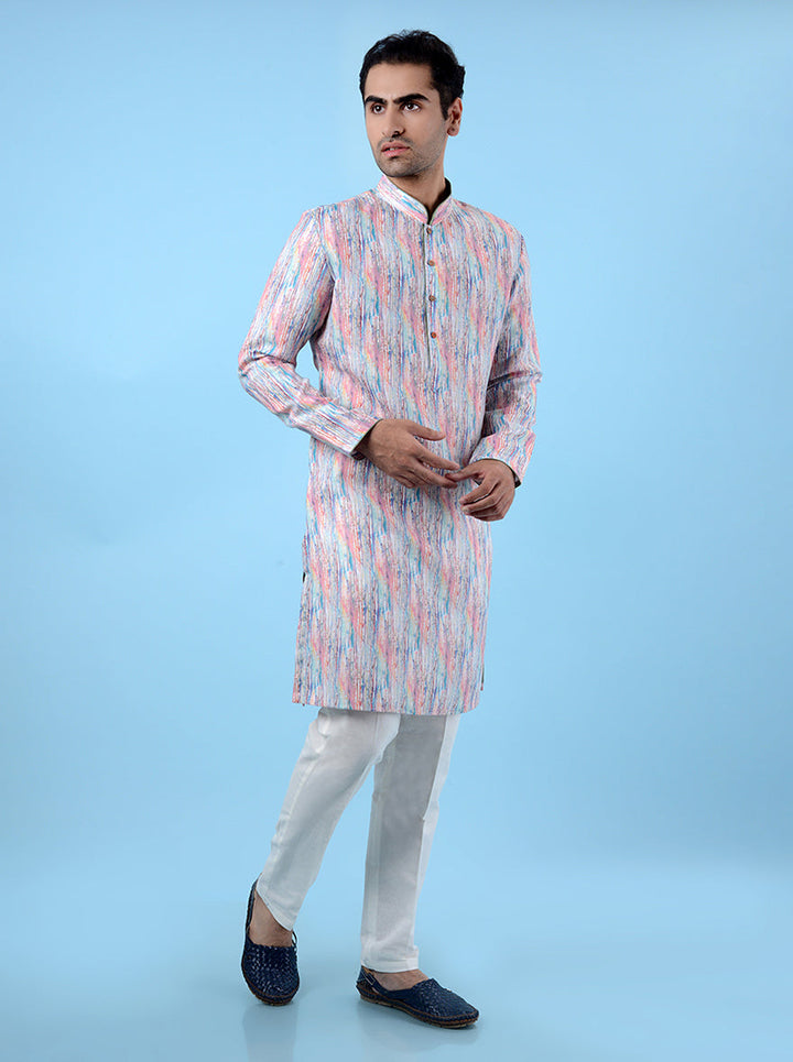 Men’s multi-print white kurta, crafted from linen, perfect for USA occasions.